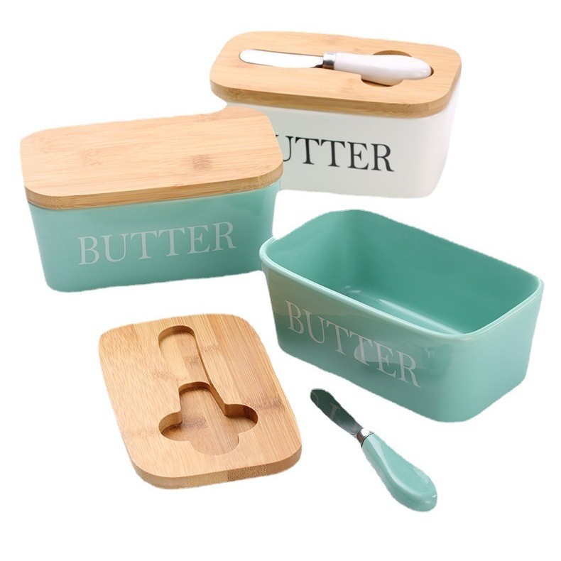 Rectangular Ceramic Burease Box Cross-border Daifa Restaurant Sealed Storage Box Western-style Cheese Box with Knife Burease Box