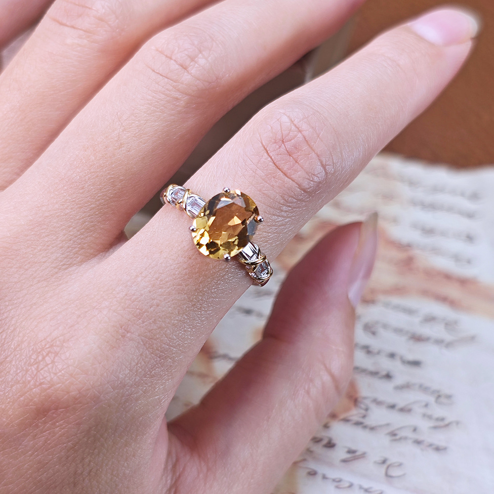 S925 Sterling Silver Oval Natural Citrine Ring Live Hot Sale New Product Casual Easiest for Match Open Ring Women
