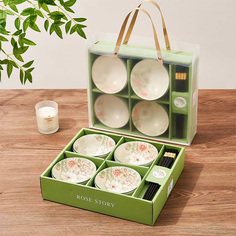 Rose Story Ceramic Tableware Set Bowl and Plate Event Promotional Gift Wholesale Bowl and Spoon Set Chinese Style High Aesthetic Value