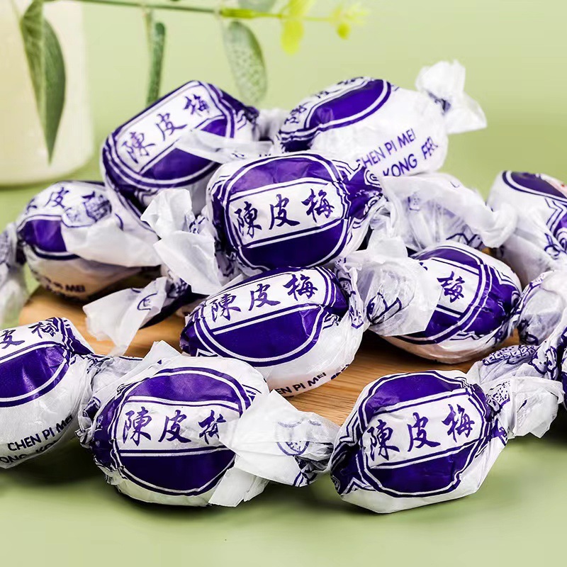 Paper-Wrapped Candied Plums with Tangerine Peel, Dried Sweet and Sour Plums, Childhood Snacks for Digestion
