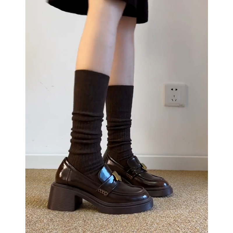 Sheepskin Version ~ Genuine Leather Thick-Soled Thick-Heeled Metal Buckle Slip-On Loafers for Women British Style Work Clothing Versatile Small Leather Shoes