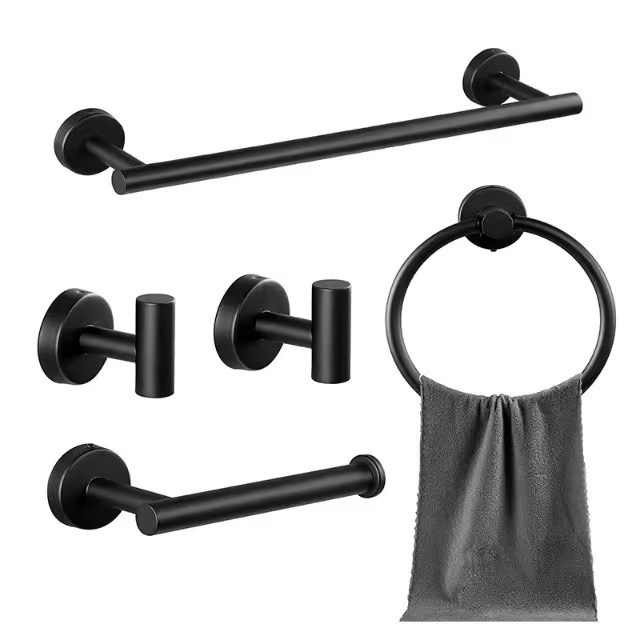 Cross-Border Stainless Steel Five-Piece Bathroom Towel Bar Towel Rack Toilet Paper Holder Toilet Bathroom Punch-Free Hook Clothes
