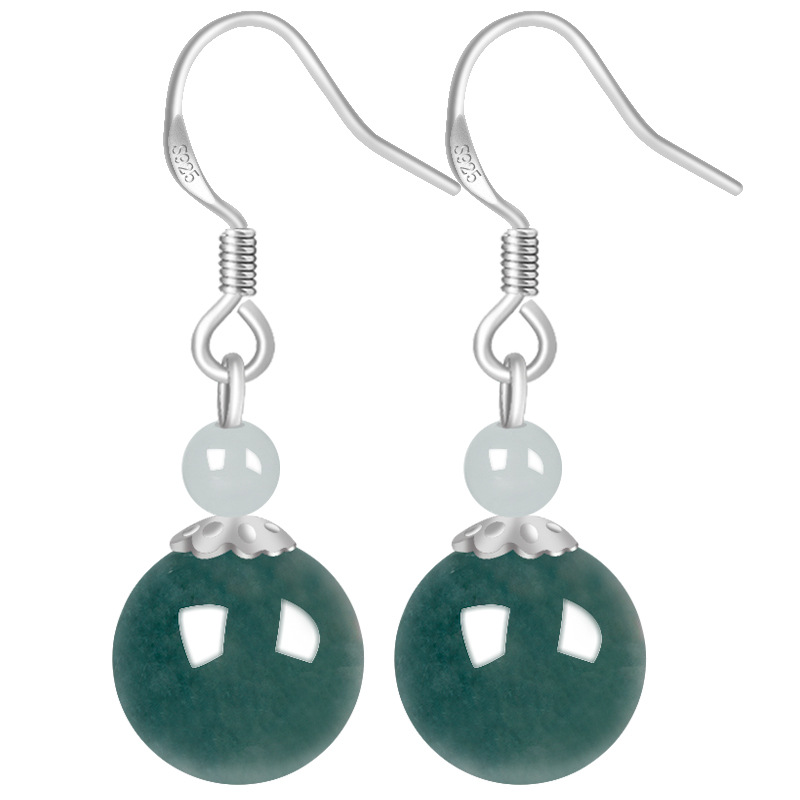 High-grade S925 silver inlaid natural A goods jade blue water round bead earrings ice jade stone fashion women's earrings earrings