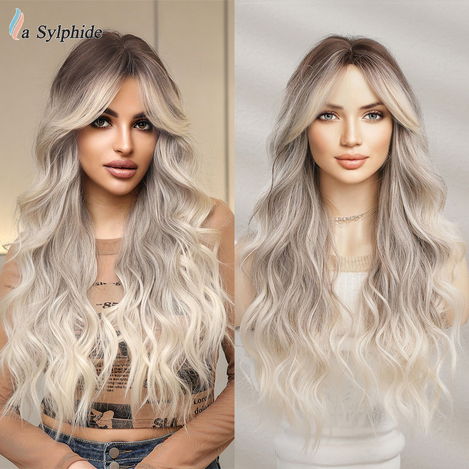 Парик для полного покрытия головы, длинные кудрявые волосы, с восемью прядями, натуральный, золотисто-коричневый градиент с серым, женский, из термостойкого шелка, с розовой сеткой