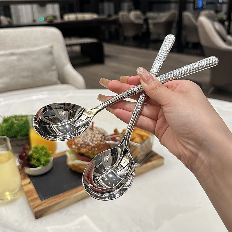 Stainless Steel Spoon Hammered Korean Spoon Western Restaurant Long Handle Spoon Dessert Table Spoon Household Round Head Eating Spoon Spoon