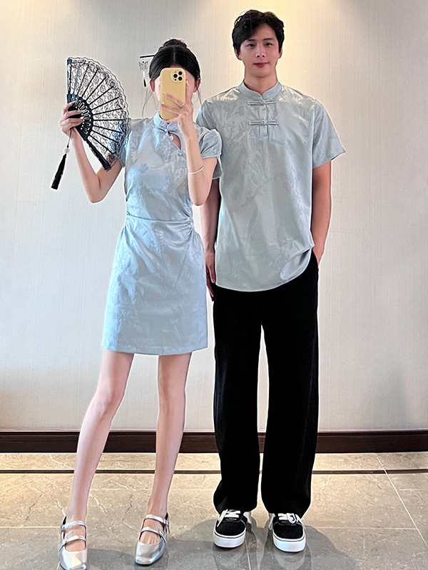 New Chinese-Style Freesia Couple Outfit, National Style Improved Jacquard One-Piece Dress, Short Waist-Cinching Stand-Collar Cheongsam Dress