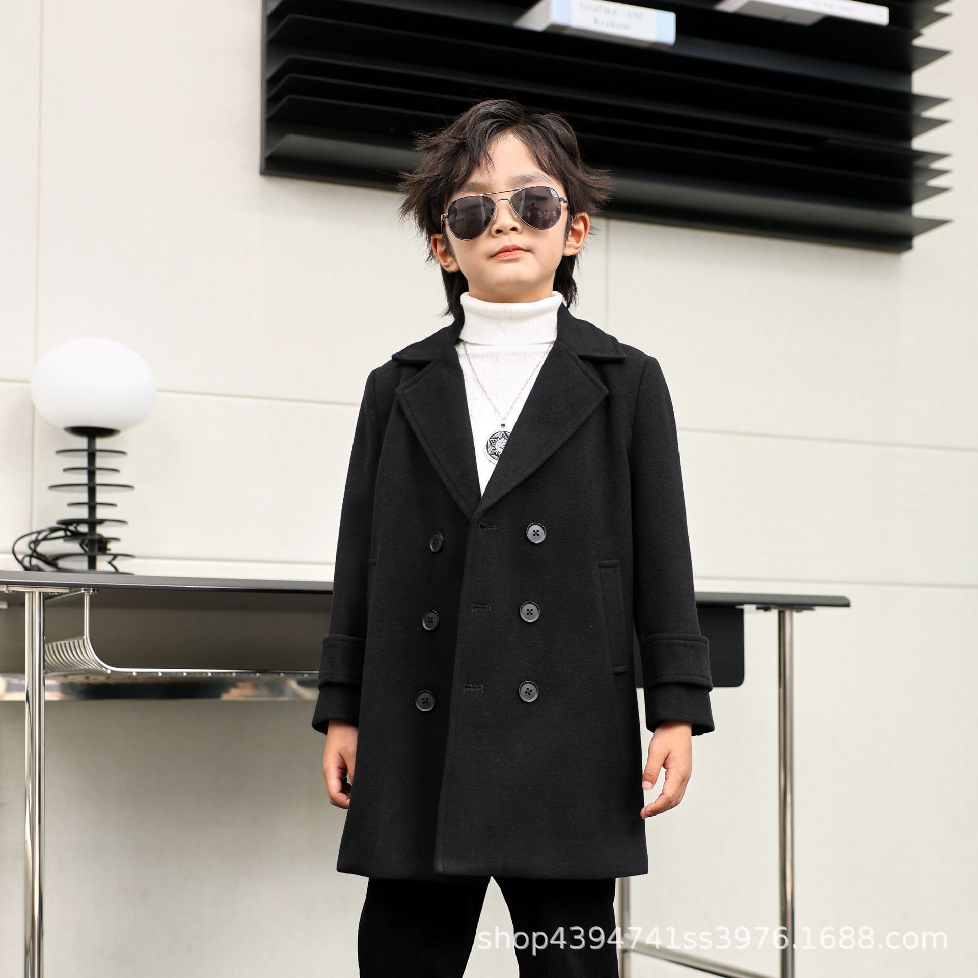 Cross-Border New Autumn and Winter Boys' Double-Breasted Stylish Wool Coat Thickened Children's Turn-Down Collar Mid-Length Wool Jacket
