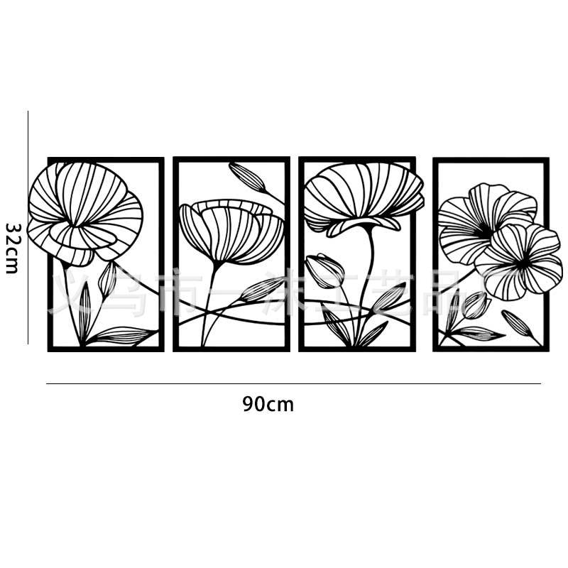 Cross-border new lotus lotus leaf stitching 4-piece black metal plane three-dimensional line decoration wall hanging decoration