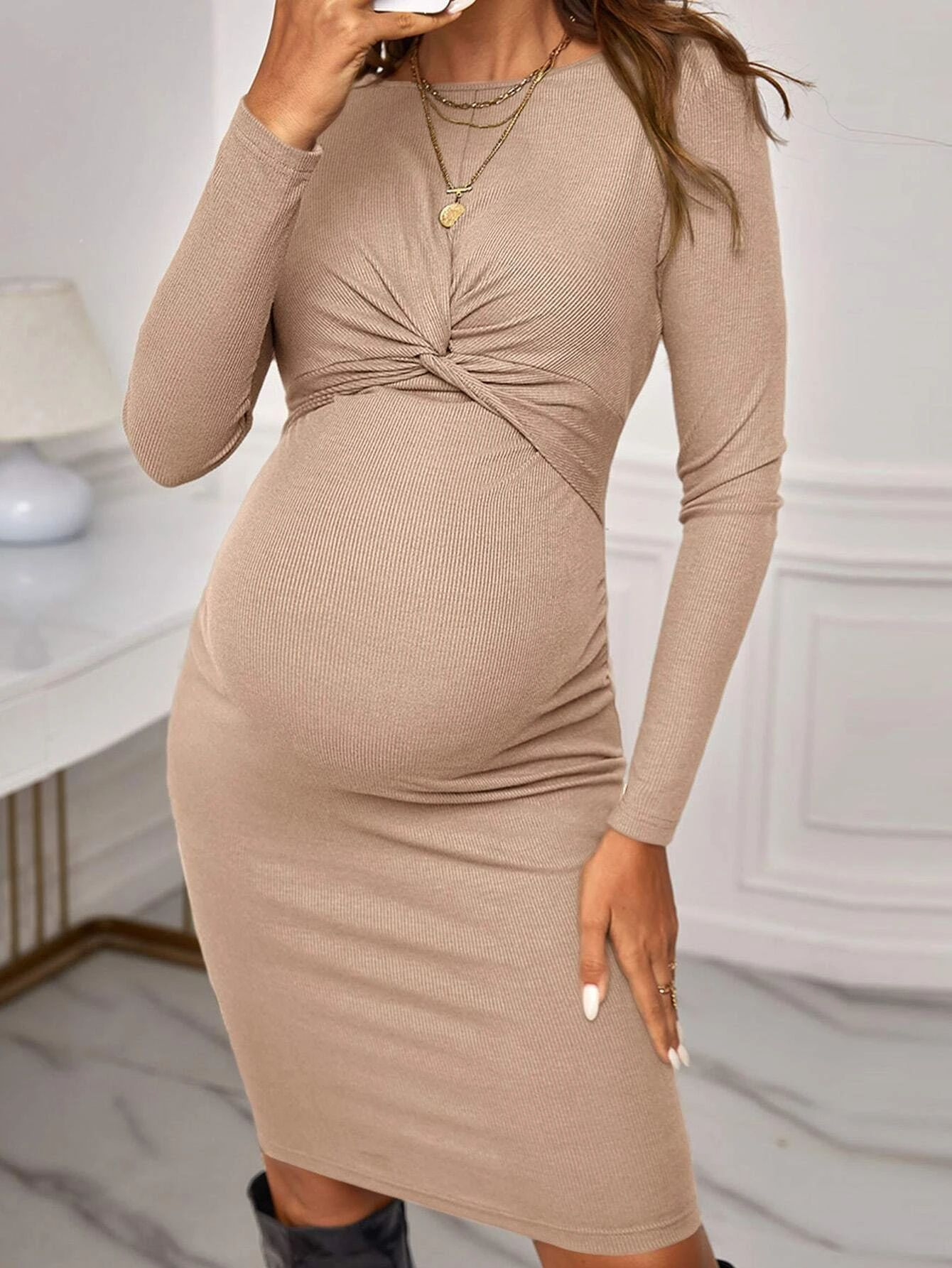 Amazon Maternity Crewneck Long Sleeve Knitted Slim-Fit Maternity Dress Solid Color Short Pregnant Women dress