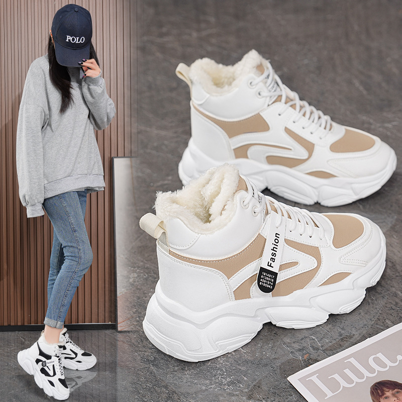 Fleece-Lined Dad Shoes for Women 2025 Winter New Korean Version Warm High-Top Sneakers Student Cotton Shoes Ins Trendy Shoes