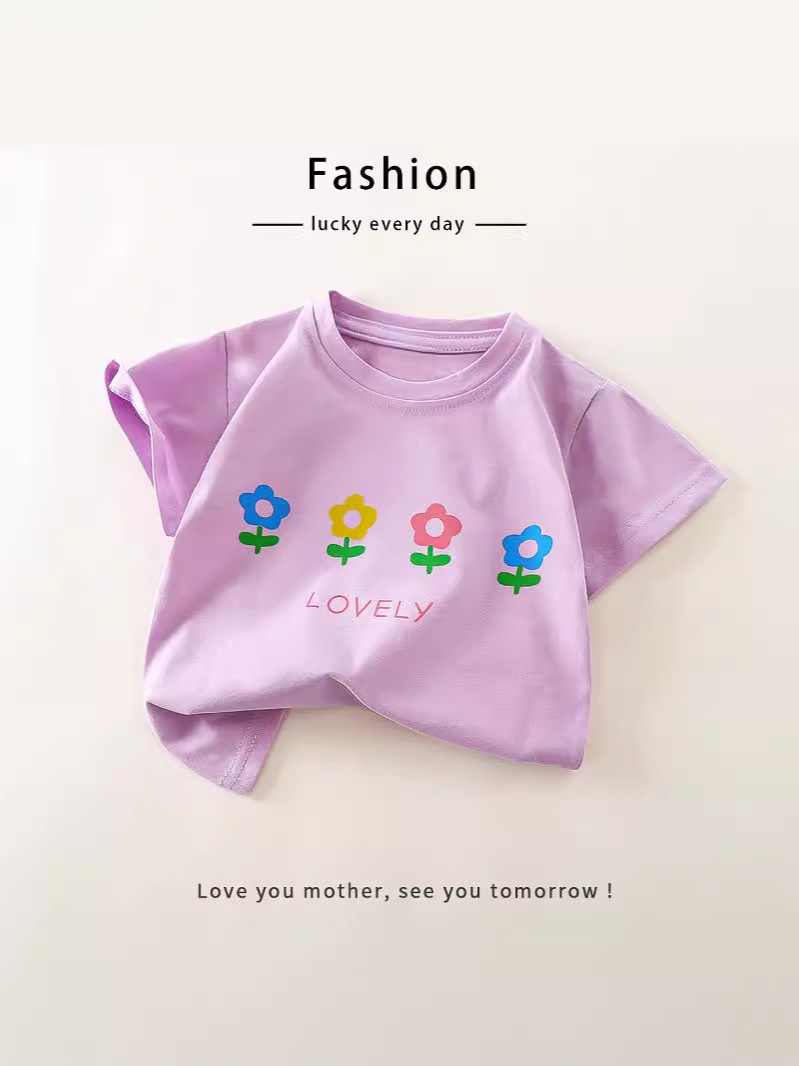 Children's Short-Sleeved Pure Cotton Summer New Style 25 Baby Girl Short-Sleeved T-Shirt Cartoon Girl Short-Sleeved Sweet Single Top Kidsren's Clothing
