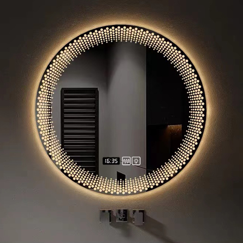 Bathroom Wall Mounted Anti-Fog Mirror Three-Color Light Led Smart Frameless Round Mirror Bedroom Mirror Temperature Display Smart Mirror