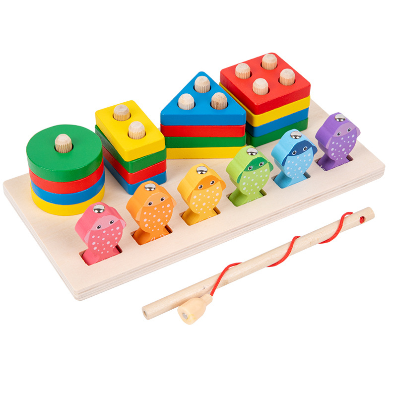 Wooden geometric matching children's educational early education hand-eye coordination color cognitive magnetic fishing set column toy