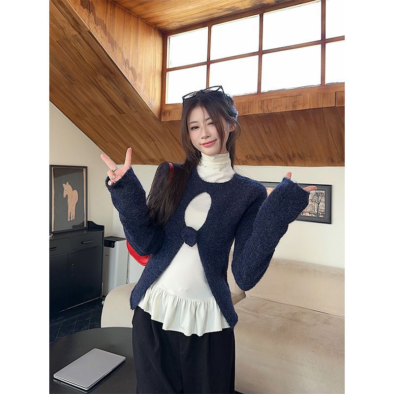 Korean Style Preppy Style Cut Out Long-Sleeved Knitwear Women's Winter Suit Layered High-Neck T-Shirt Bottoming Shirt Two-Piece Trendy Set