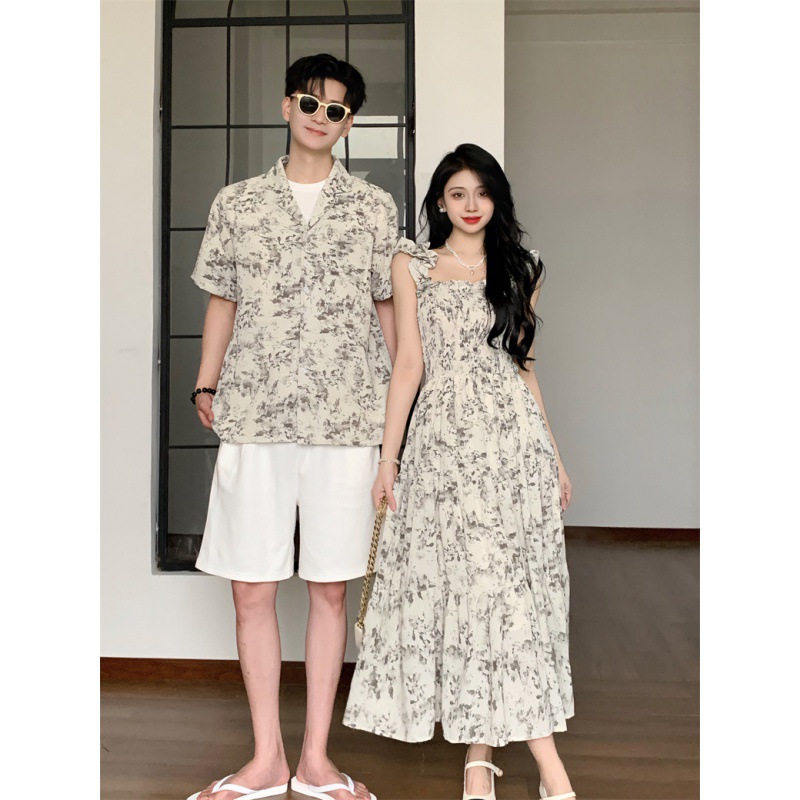 2024 Summer Couple Dress Beach Dress Slim-fit Elegant dress Men's Floral Shirt Short-sleeve