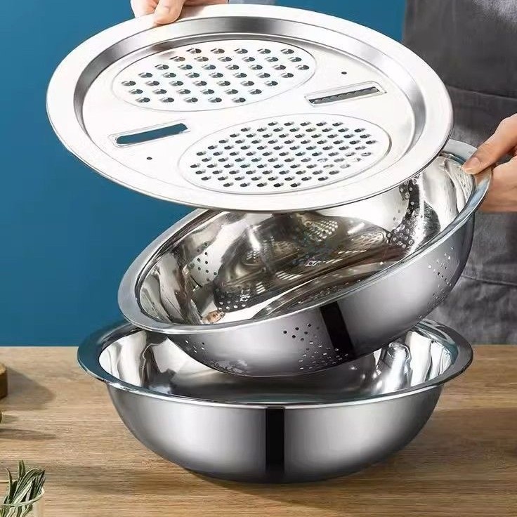 Stainless Steel and Wash Basin Three-Piece Set Household Drain Basket Vegetable Washing Basin Drain Basket Small Side Conditioned Tank Soup Basin