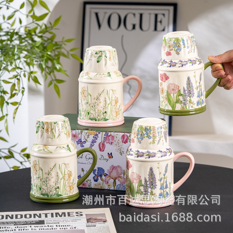 Original Floral Design Ceramic Water Kettle Cup Set Afternoon Tea Tea Cup with Lid High-End Large-Capacity Water Cup Teapot