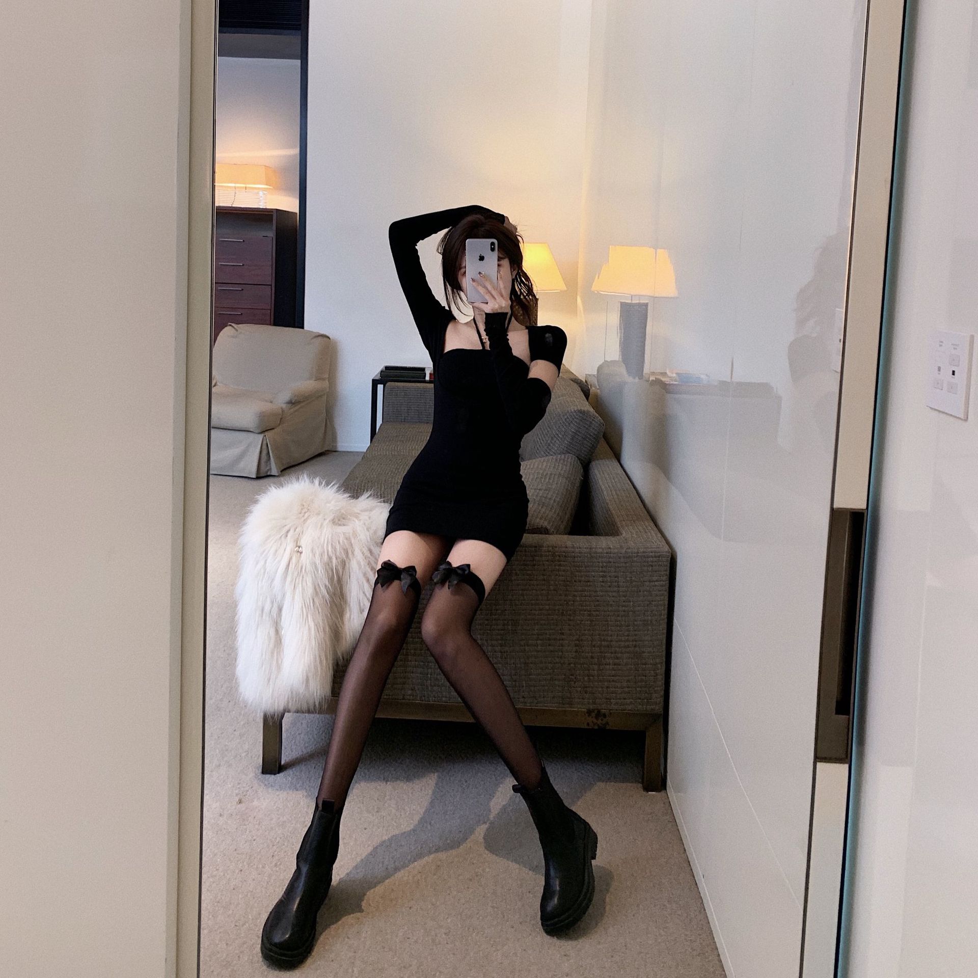 Mu Ruan Black Bow High-tube Stockings Spring New Sexy Thin Over-the-knee Beautiful Leg Stockings Internet Popular Long-tube Stockings