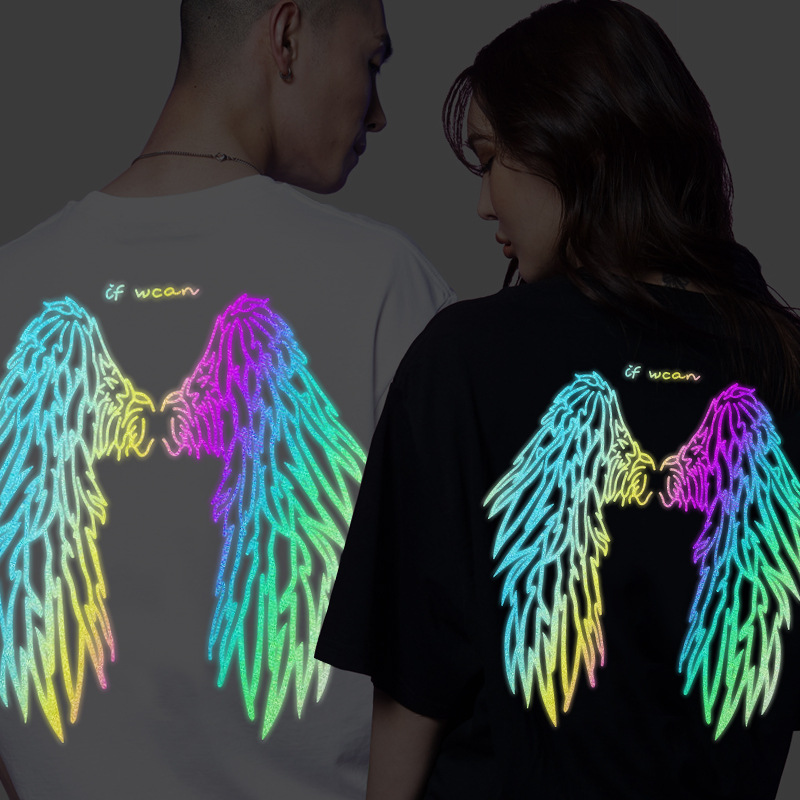 Футболка с лазерными отражающими крыльями, летняя, новая, модная, с горячим тиснением, свободная, короткий рукав, для пар, мужская и женская