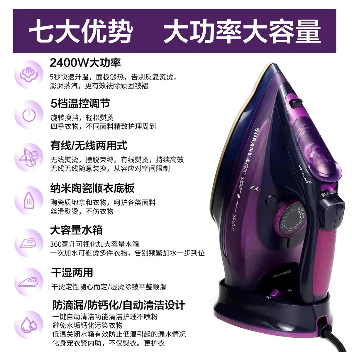 European Standard Electric Iron Handheld Household High-Power Ironing Machine Wet and Dry Steam Iron for Clothes Nano Ceramic