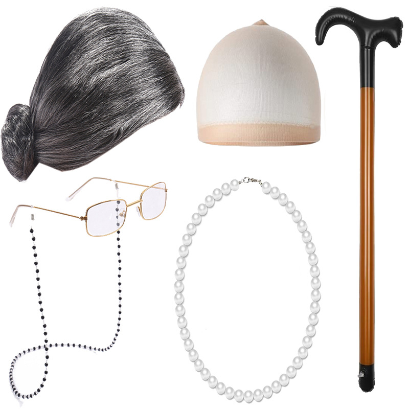 Amazon Hot Sale Gray Old Woman Wig Halloween Old Lady Short Curly Hair Old Grandpa Granny Wig