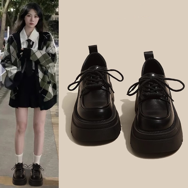 Британский стиль маленькие кожаные туфли для женщин 2025 осень и зима новые утолщенные черные туфли с шнуровкой Mary Jane