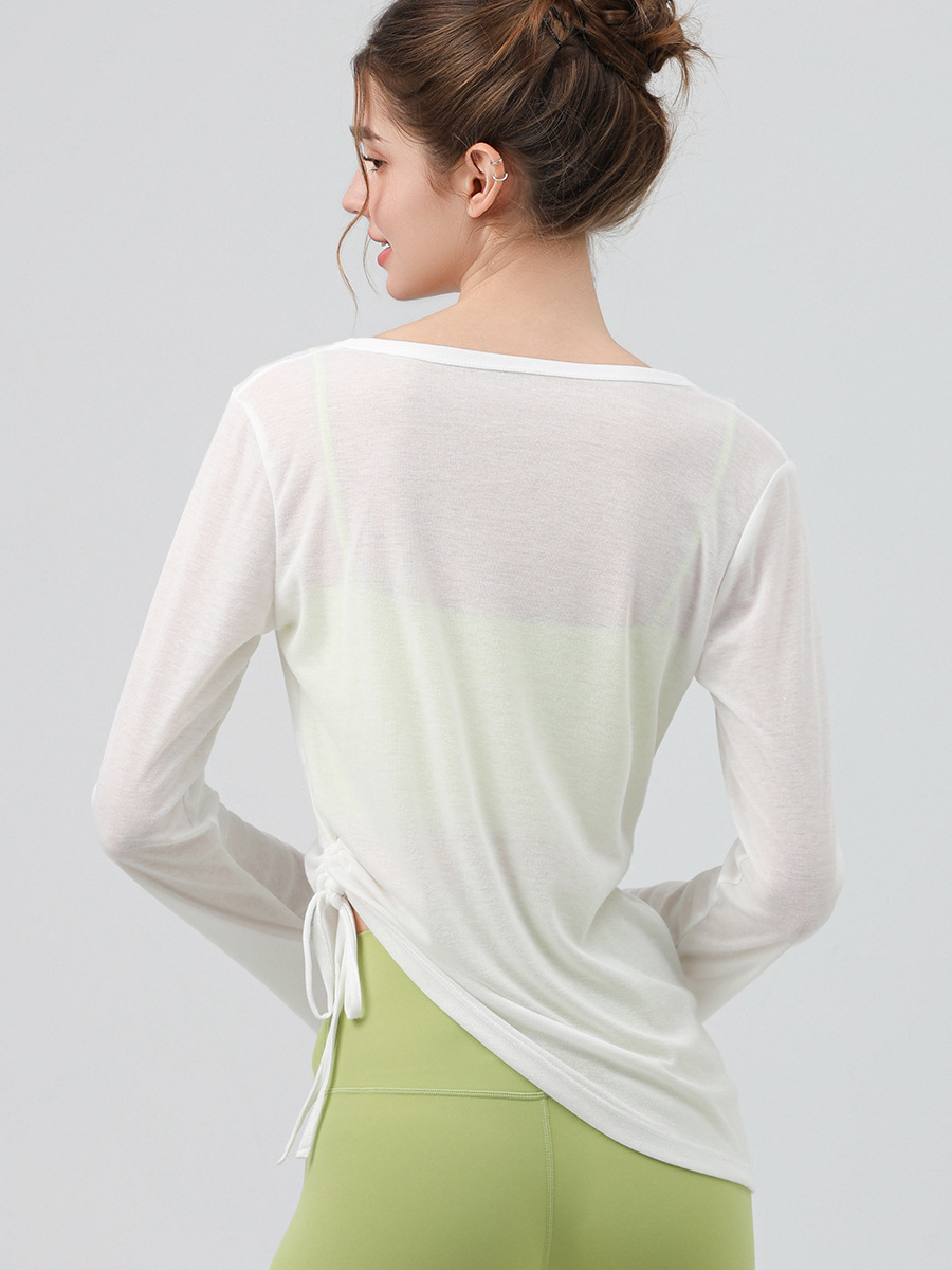 Thin Yoga Blouse Long-Sleeved Hip-Covering Women's Pleated Drawstring T-Shirt Loose Casual Spring and Summer Fitness Yoga Wear