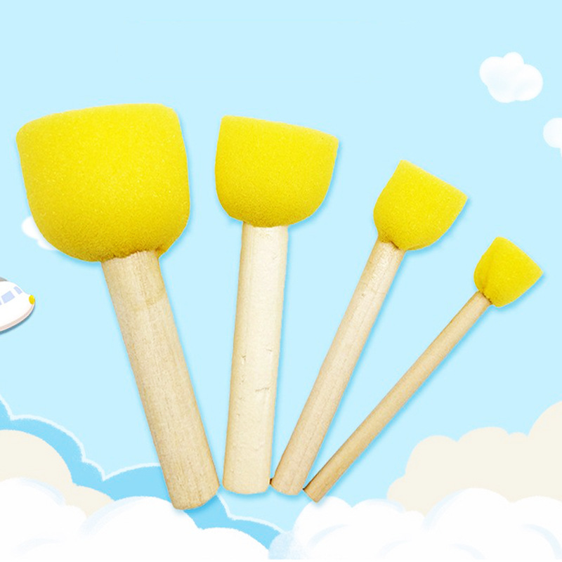 Cross-Border Sponge Painting Brush Round Wooden Handle Sponge Seal DIY Mushroom Painting Kindergarten Graffiti Tool 4 Pack