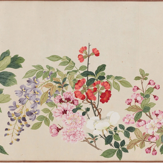 Qian Weicheng's "All Things Flourishing Together" Hand-Scroll Vintage Banner with Floral Chinese Painting, High-Definition Replica for Hotel Decoration