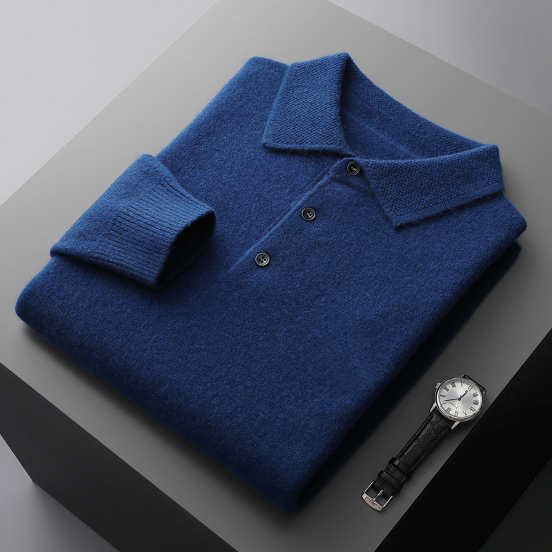 Autumn and Winter 100% pure woolen sweater men's lapel Polo collar knitted sweater top solid color woolen sweater plus size