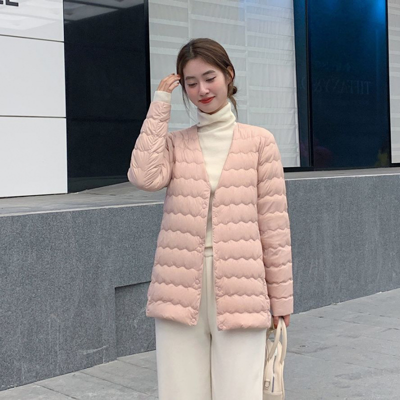 Down Jacket Women's Mid-Length Collarless Autumn and Winter New Style Lightweight White Duck down Liner Fashionable Lightweight Round Neck Warm Jacket