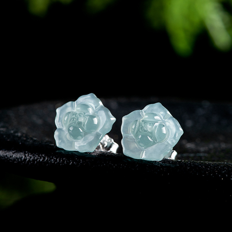 Original natural A goods jade blue water lotus earrings ice jade stone petals S925 silver inlaid antique women's earrings