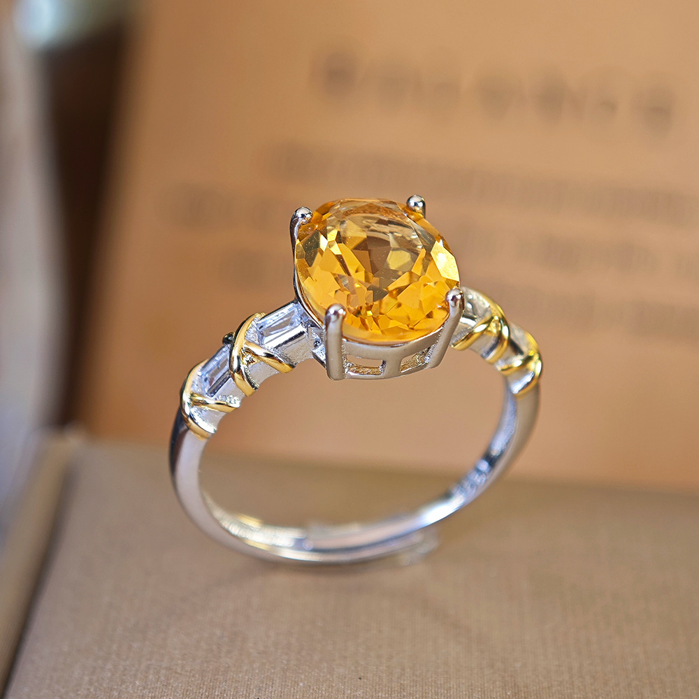 S925 Sterling Silver Oval Natural Citrine Ring Live Hot Sale New Product Casual Easiest for Match Open Ring Women