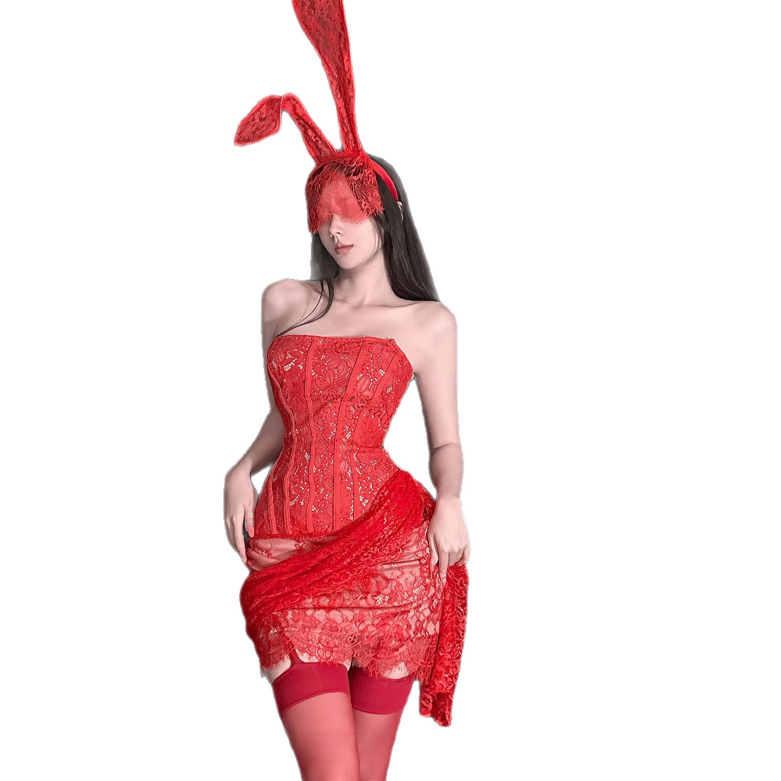 Lace Hot Girl Strapless Dress with Fishbone Slim Fit Backless Sexy Short Dress Dm Halloween Party Rabbit Ear Headband New