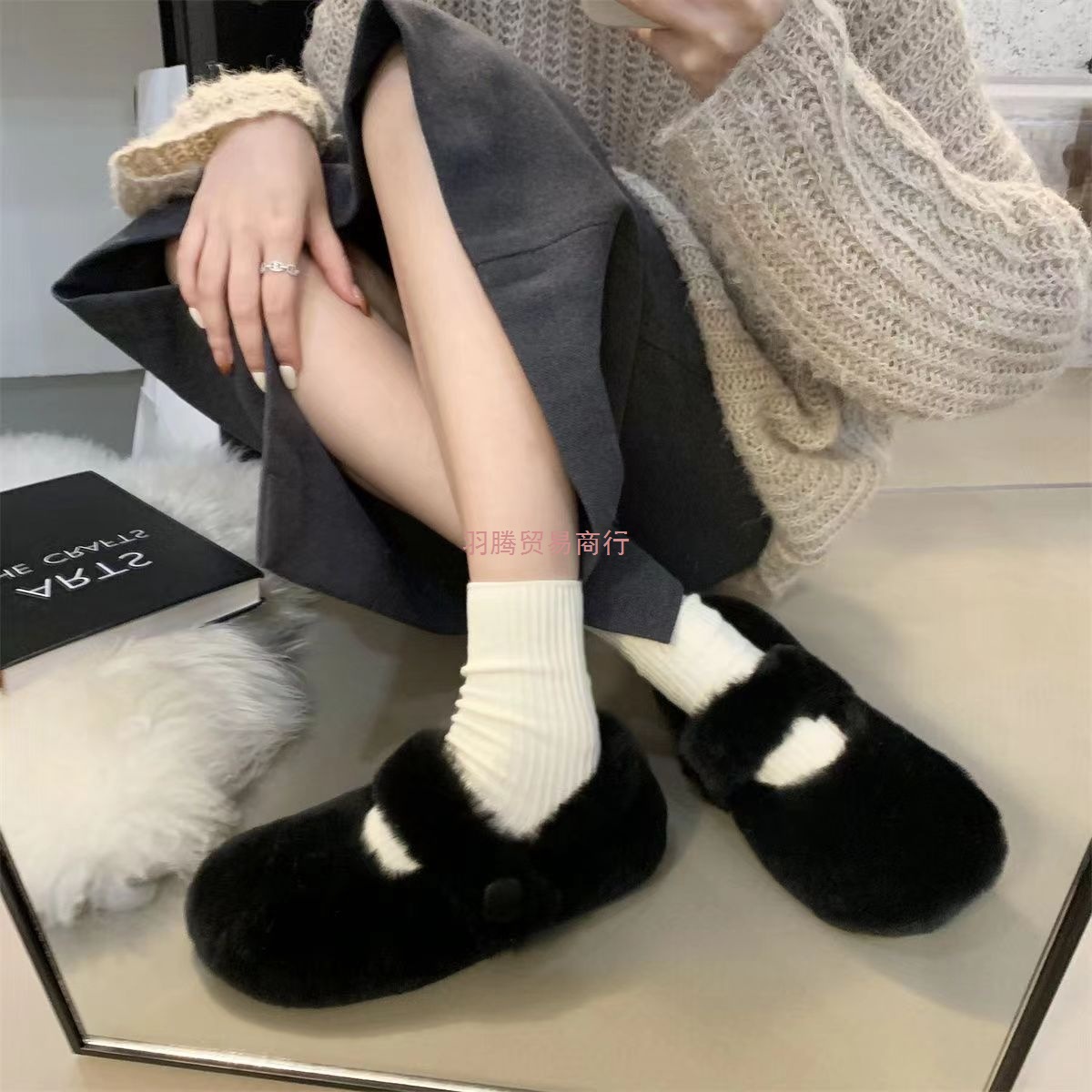 35-43 Large Size Women's Shoes French Evening Style with Skirt Furry Shoes 41 Autumn and Winter Fleece-Lined Soft Sole Mary Jane Shoes 42