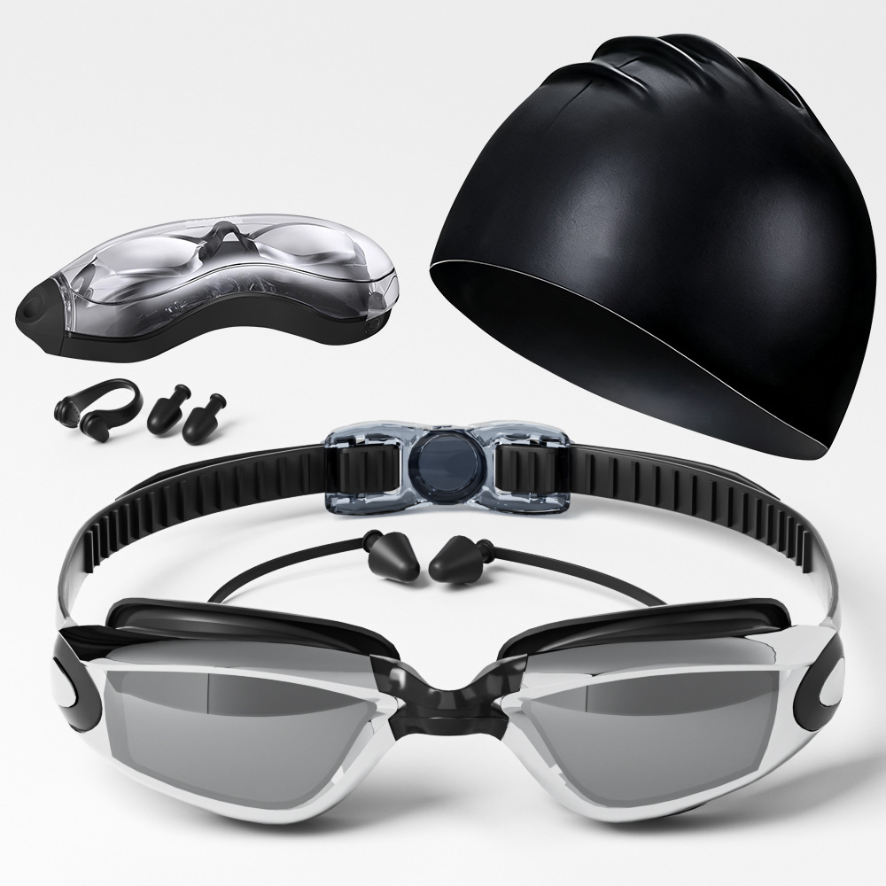 Cross-Border Amazon Popular Adult Swimming Goggles Set Hd Waterproof Anti-Fog Electroplated Swimming Goggles Swimming Cap Nose Clip Earplugs