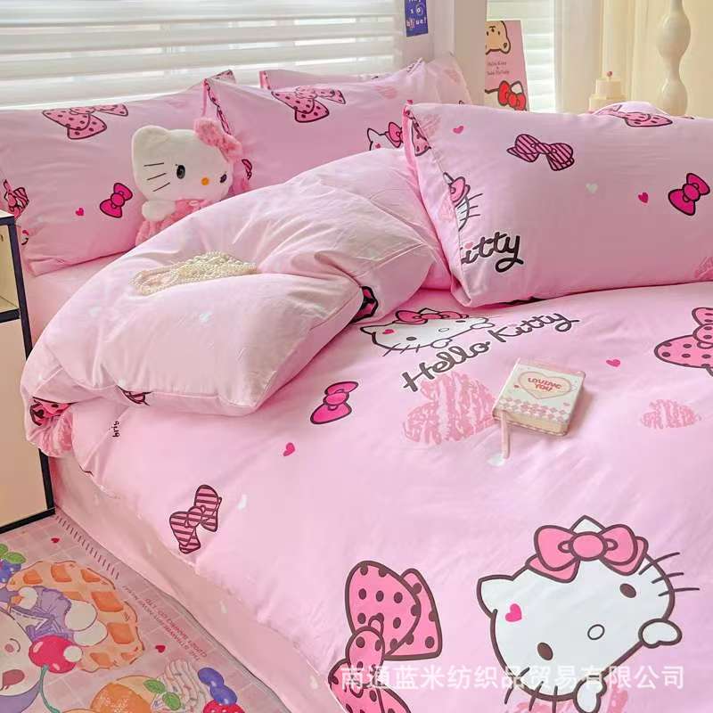 Cross-Border E-Commerce Peach Pink Super Happy Katie Home Four-Piece Set Dormitory Three-Piece Set Nantong Home Textile Bedding Set