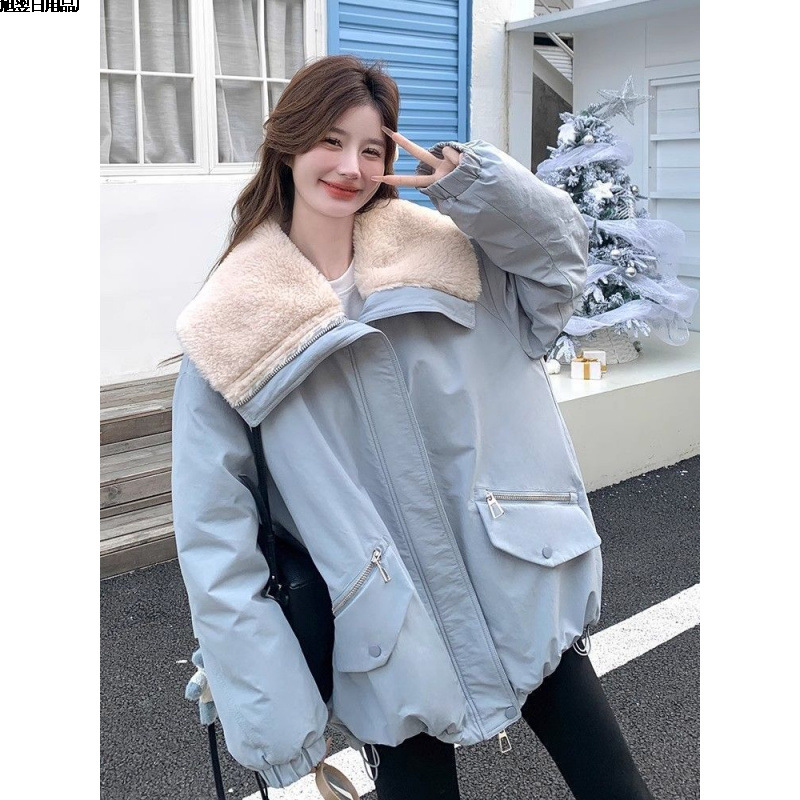 Куртка из овечьей шерсти с лацканами для женщин, средней длины, новая, утолщенная, теплая рабочая куртка из хлопка, синяя