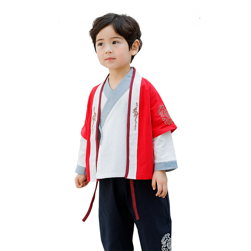 Boys' Baby Tang Suit Three-Piece Set Retro Style Hanfu Children's Clothing Chinese Style Embroidered Cardigan Suit June 1 Performance Clothes