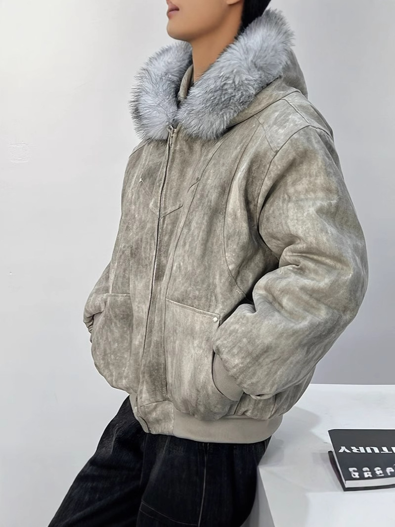 New Year Explosions Zushan Carving Hooded Big Wool Collar Cotton-padded Clothes Men's Cotton-padded Jacket Fashionable Brand Tie-dyed High-end Thickened Warm Coat Fashionable