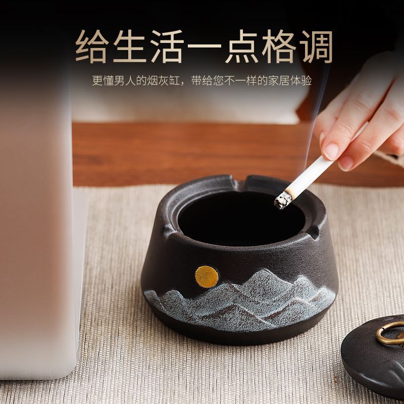 Light Luxury Ashtray Black Pottery Creative Ceramic Cigarette Cup B&B Hotel Home Living Room Tea Table Windproof Ashtray with Lid