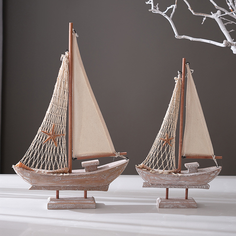 American retro sailing boat Mediterranean fishing boat home accessories antique fishing boat model creative home decoration small wooden boat