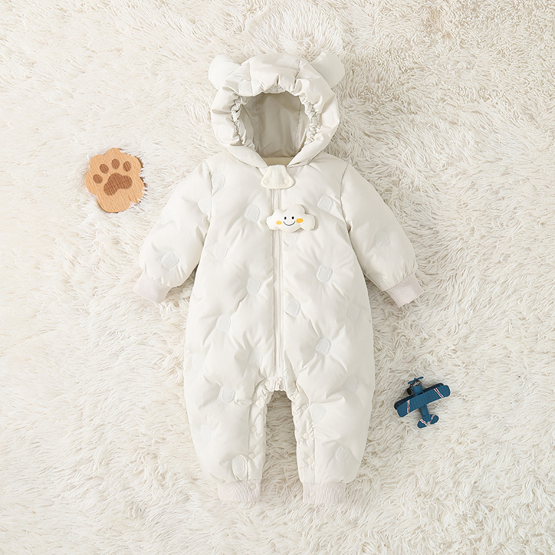 Off-Season White Duck down Jacket with Hood, Warm One-Piece Winter Outdoor Outfit, Newborn Crawling Suit, Romper