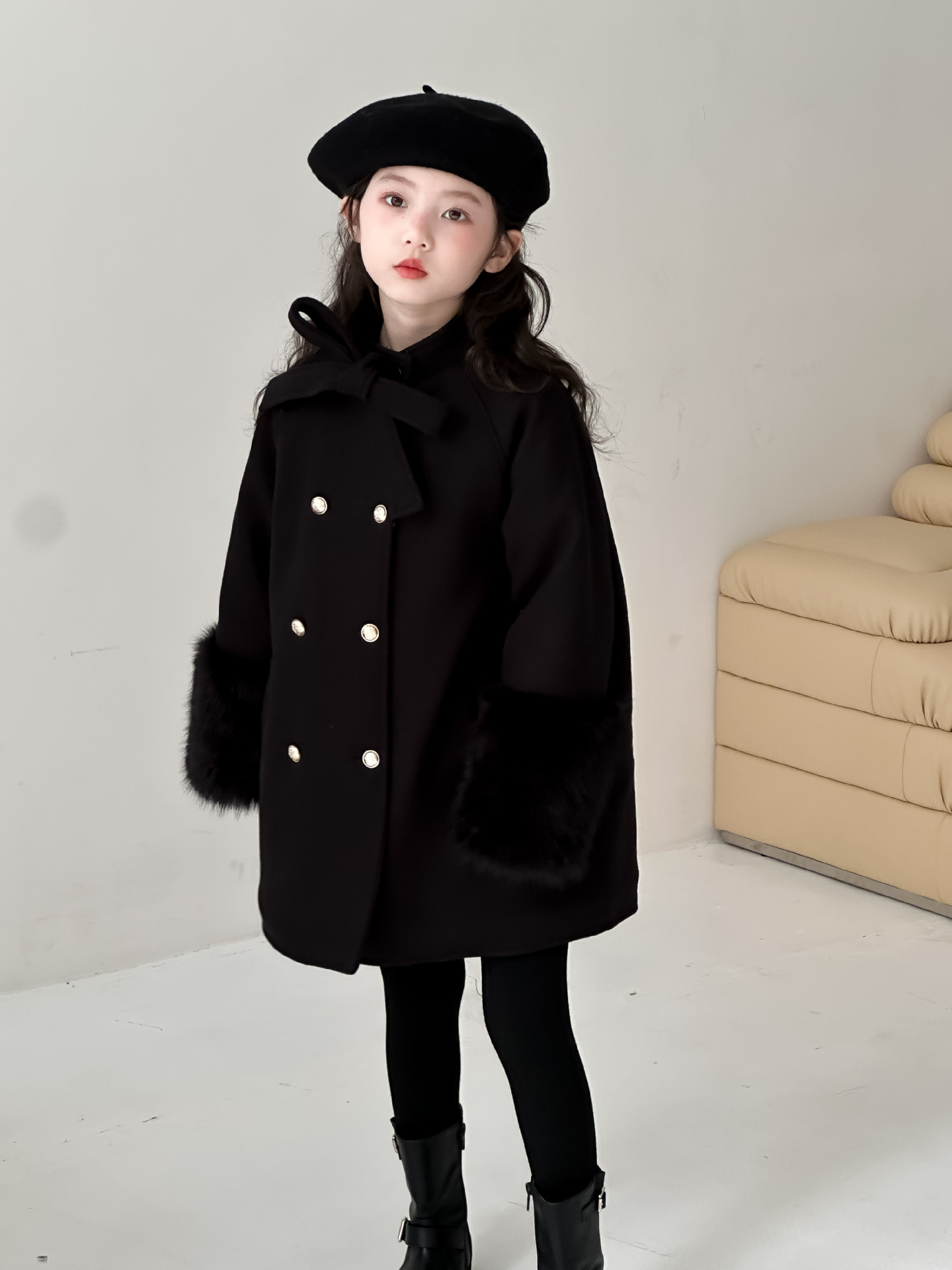 Children's Clothing 2025 Winter New Style Girls' Rich Flower Gold Buckle Bow Thousand-Golden Wool Coat Girl's Elegant Style Jacket