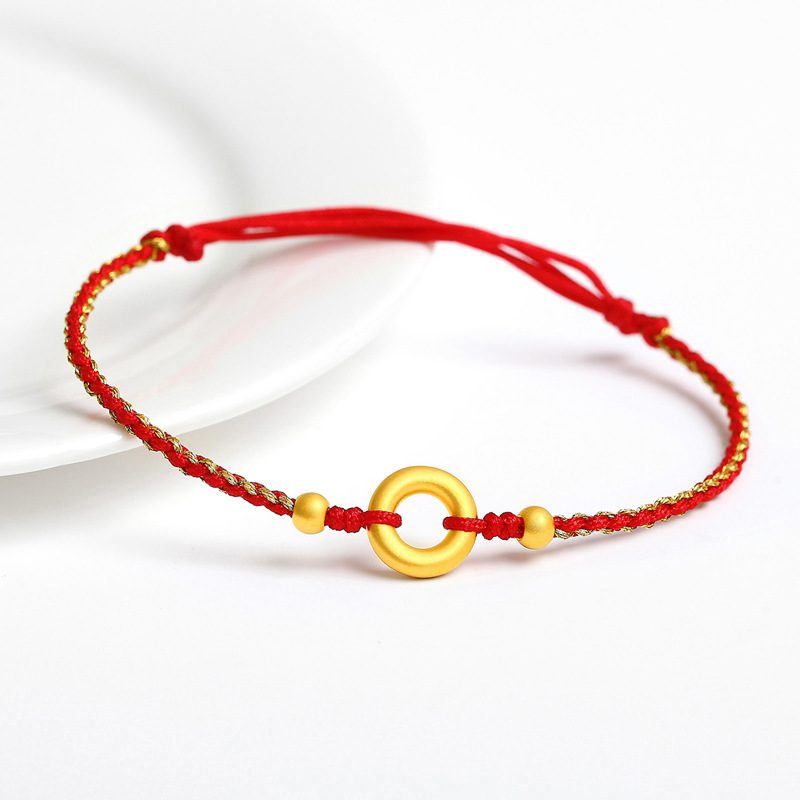 999 Gold Safety Buckle Gold Anklet Women's Pure Gold Benmingnian Red Rope Anklet Woven Ancient Method Transfer Bead Anklet