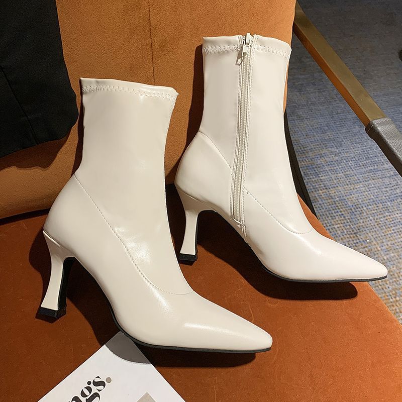 Pointed Toe Genuine Leather Short Boots for Women 2025 New High Heels Autumn and Winter High Heels Slim Boots Stiletto Heels Simple Elastic Boots Korean Version