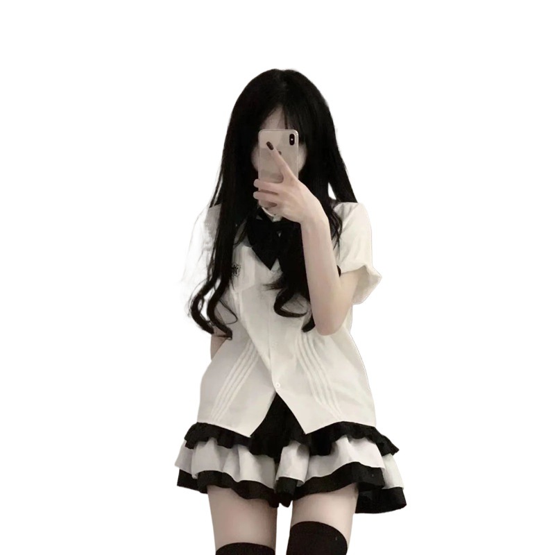 Shirt + cake skirt two-piece summer soft girl short-sleeved shirt female Japanese suit student jk uniform top