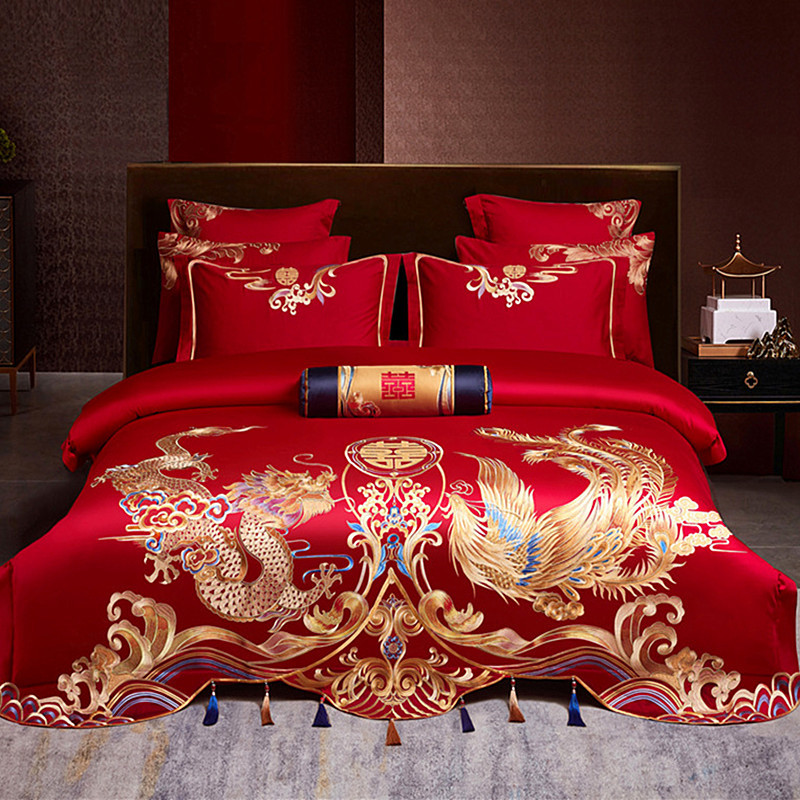 Свадебный комплект из четырех предметов, 100% хлопковое праздничное постельное белье, покрывало с драконами и фениксами, новое свадебное постельное белье для новобрачных