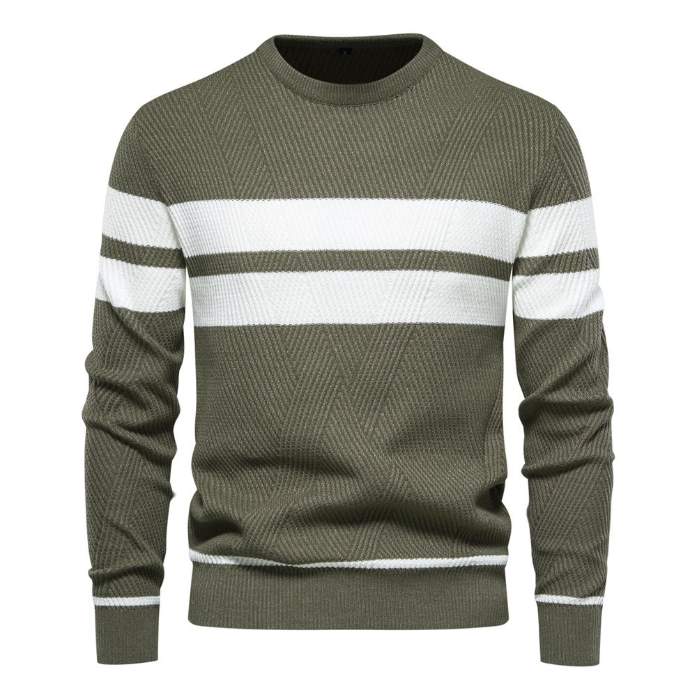 in stock autumn and winter men's casual striped men's sweater pullover color matching round neck men's European size sweater