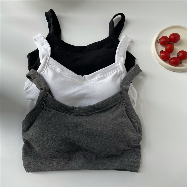 Korean Style Summer Small Sling Vest with Chest Pad Short Beautiful Back Wrap Chest Student Girl Base Solid Color Cotton Top